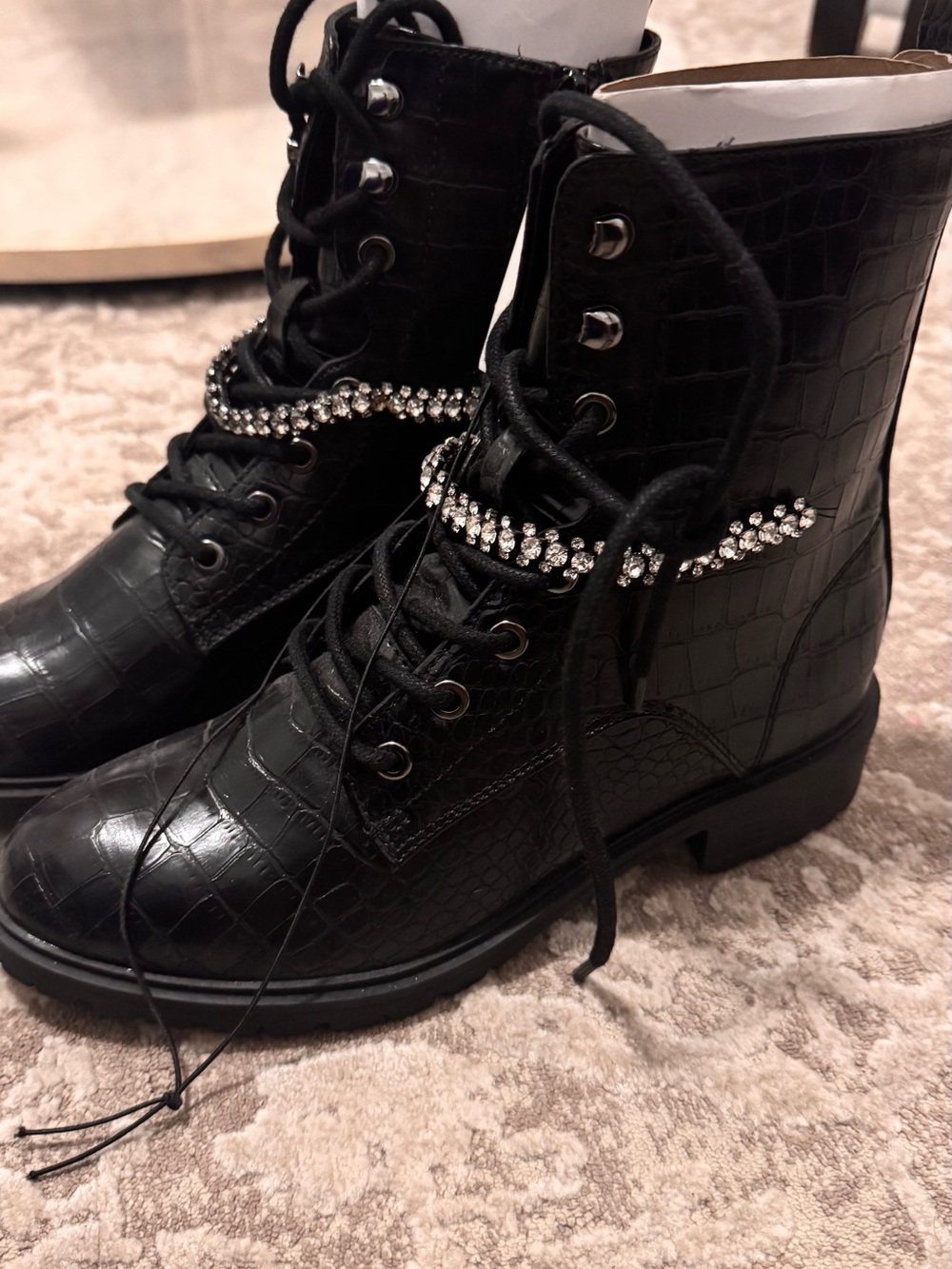 Women's Black Faux-Croc Combat Boots with Rhinestone Accent
